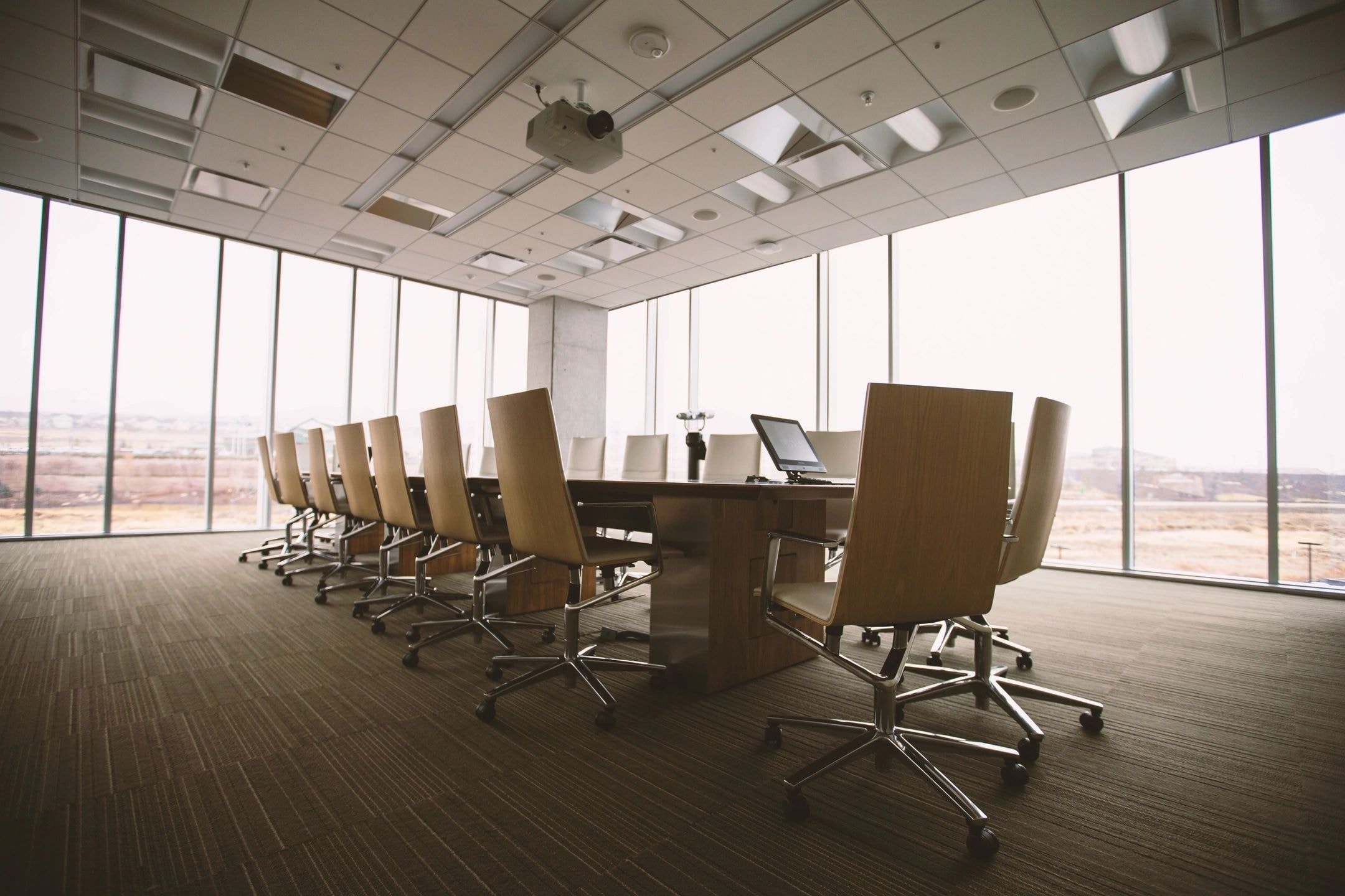 Modern conference room with city views