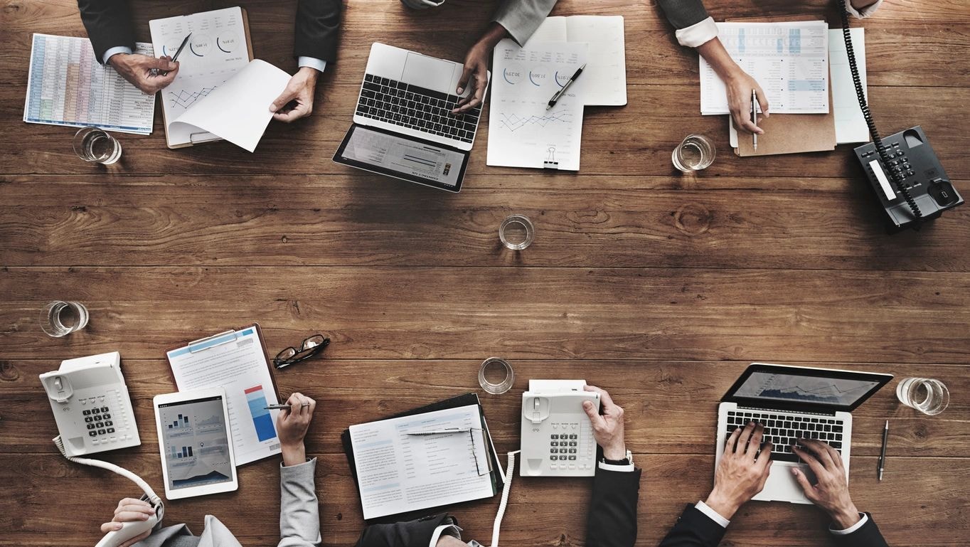 Overhead view of a business team collaborating
